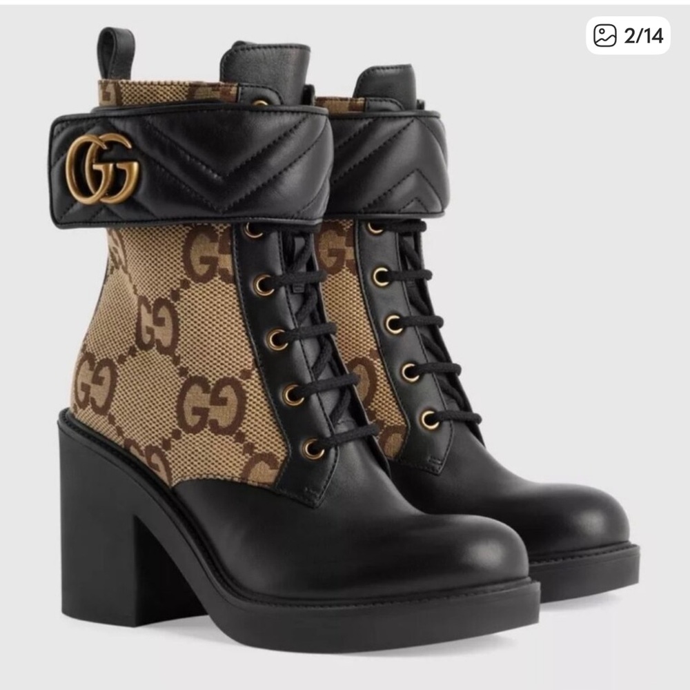 Gucci Black and Tan GG Supreme Heeled Boots